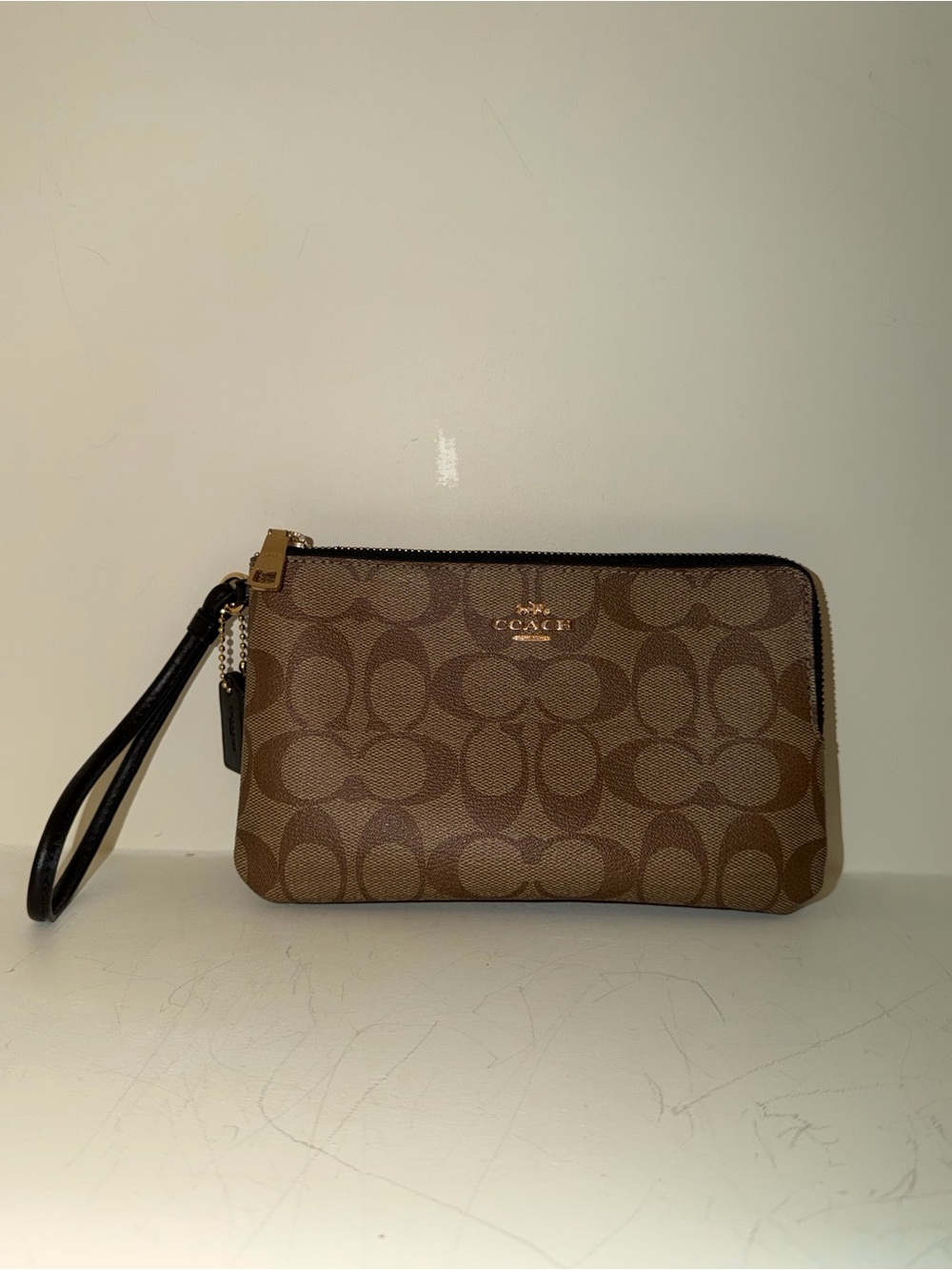 Coach Brown/Tan Signature Canvas Wristlet with Black Strap